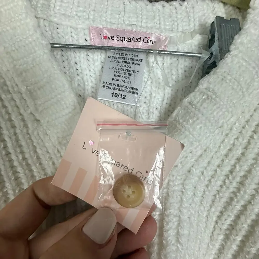 NWT Strawberry Embroider Ribbed White Cardigan Sweater Love Squared Girls 10 12